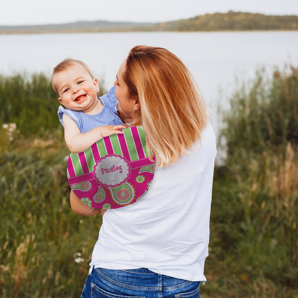 Pink & Green Paisley and Stripes Peanut Shaped Burp - Lifestyle