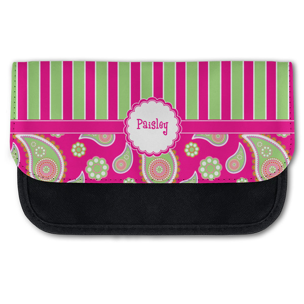 Custom Pink & Green Paisley and Stripes Canvas Pencil Case w/ Name or Text