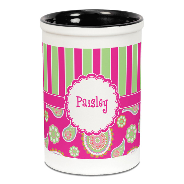 Custom Pink & Green Paisley and Stripes Ceramic Pencil Holders - Black