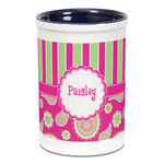 Pink & Green Paisley and Stripes Ceramic Pencil Holders - Blue