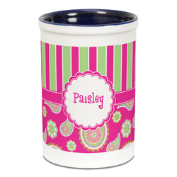 Pink & Green Paisley and Stripes Ceramic Pencil Holders - Blue
