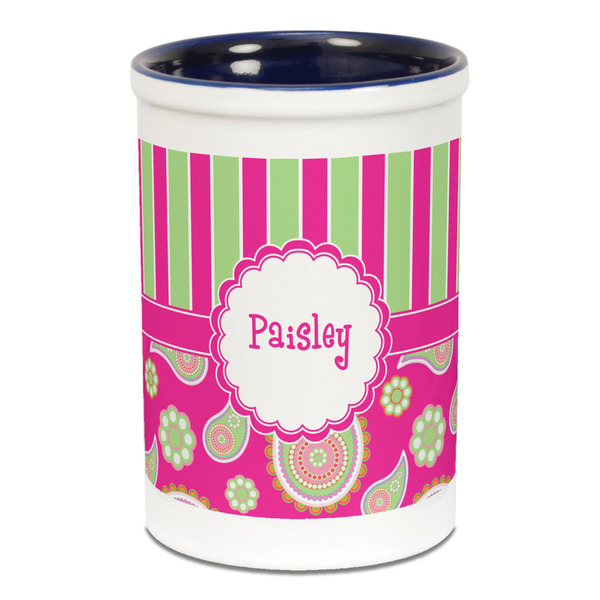Custom Pink & Green Paisley and Stripes Ceramic Pencil Holders - Blue