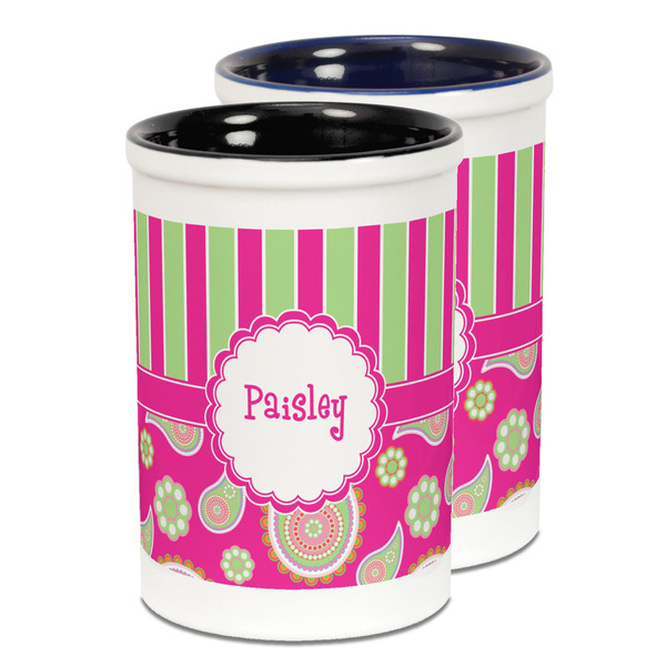 Custom Pink & Green Paisley and Stripes Ceramic Pencil Holder - Large