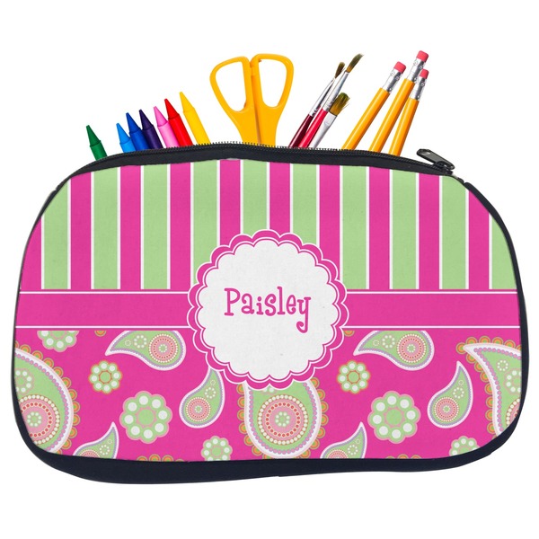 Custom Pink & Green Paisley and Stripes Neoprene Pencil Case - Medium w/ Name or Text