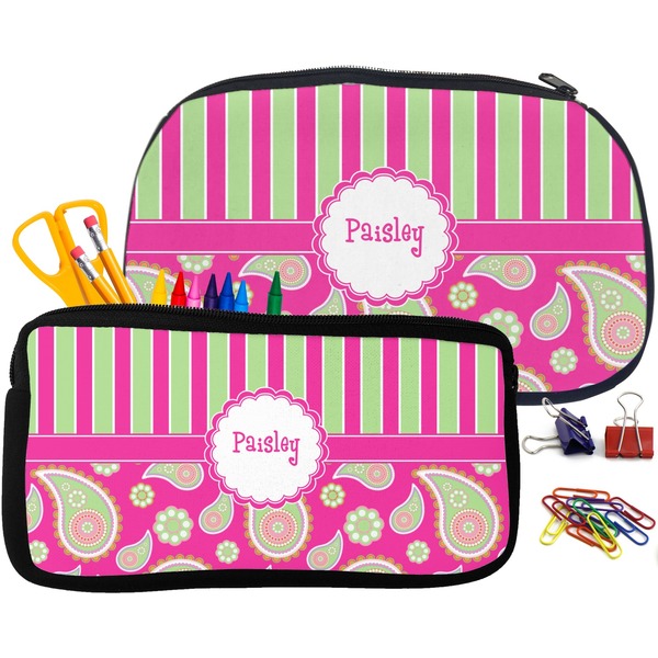 Pink & Green Paisley and Stripes Pencil / School Supplies Bags Small and Medium