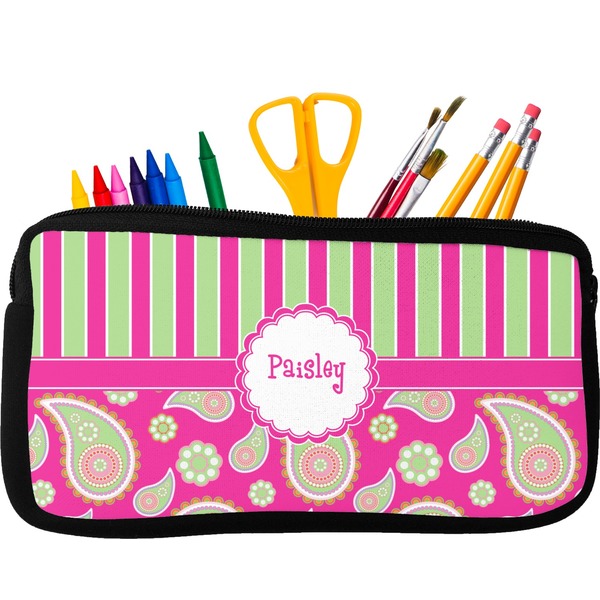 Custom Pink & Green Paisley and Stripes Neoprene Pencil Case - Small w/ Name or Text