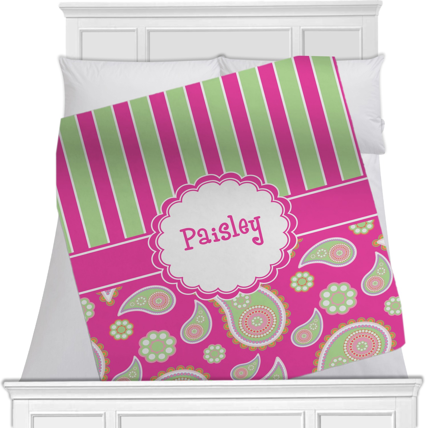 Pink & Green Paisley and Stripes Minky Blanket Queen / King 90"x90" Double Sided