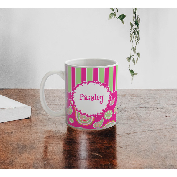 Pink & Green Paisley and Stripes Personalized Coffee Mug - Lifestyle