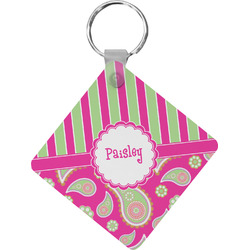 Pink & Green Paisley and Stripes Diamond Plastic Keychain w/ Name or Text