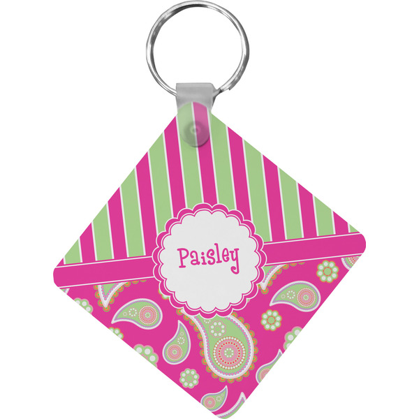 Custom Pink & Green Paisley and Stripes Diamond Plastic Keychain w/ Name or Text