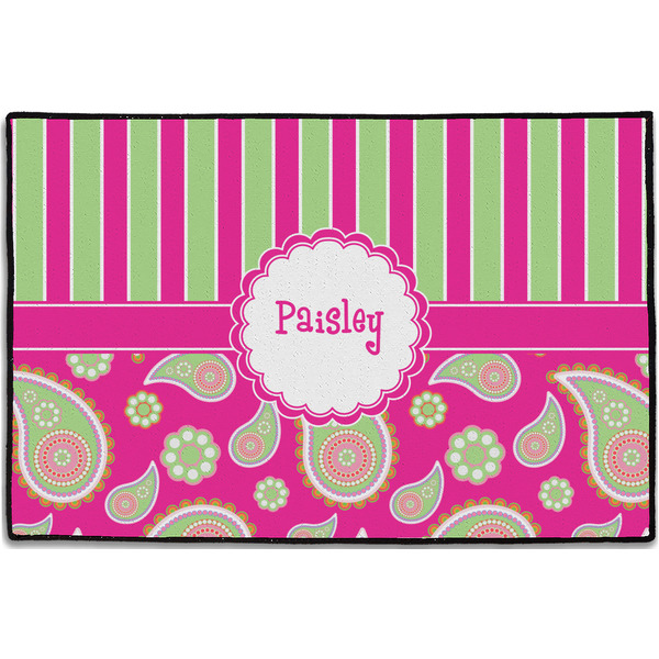 Custom Pink & Green Paisley and Stripes Door Mat - 36"x24" (Personalized)