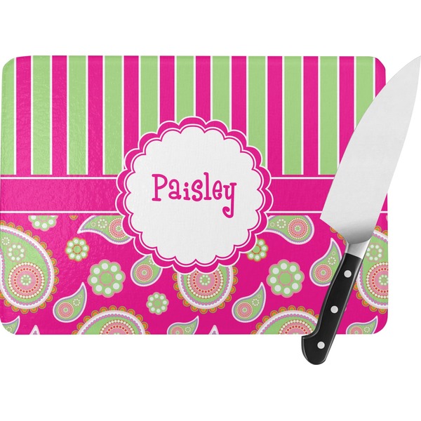 Custom Pink & Green Paisley and Stripes Rectangular Glass Cutting Board - Large - 15.25"x11.25" w/ Name or Text
