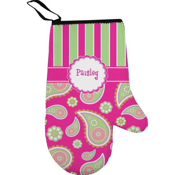 Custom Pink & Green Paisley and Stripes Right Oven Mitt (Personalized)