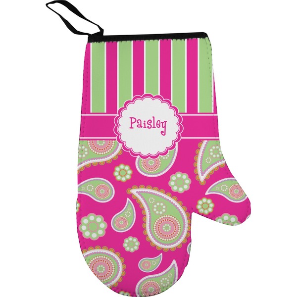 Pink & Green Paisley and Stripes Personalized Oven Mitts
