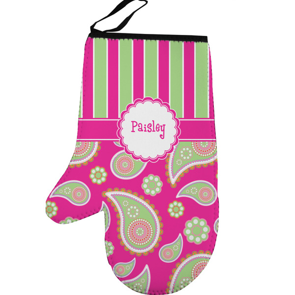 Pink & Green Paisley and Stripes Personalized Oven Mitt - Left