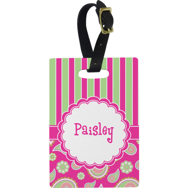 Custom Pink & Green Paisley and Stripes Plastic Luggage Tag - Rectangular w/ Name or Text