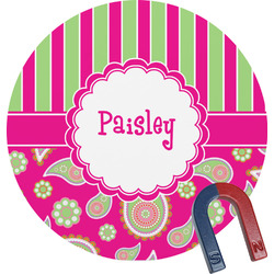 Pink & Green Paisley and Stripes Round Fridge Magnet (Personalized)