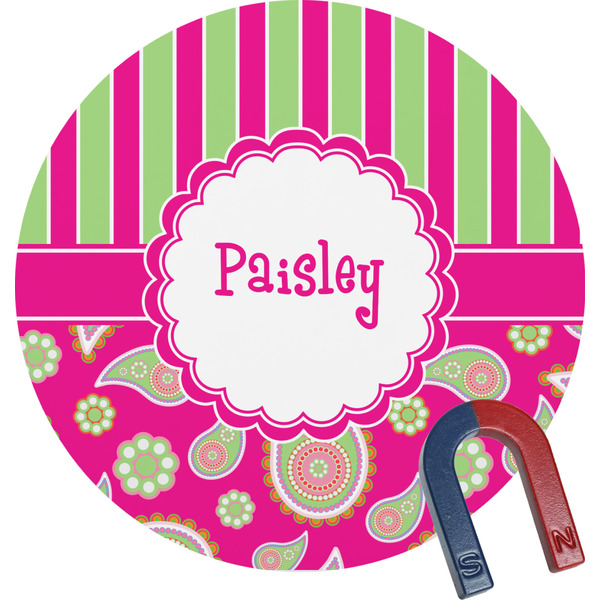 Custom Pink & Green Paisley and Stripes Round Fridge Magnet (Personalized)
