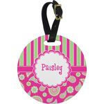 Pink & Green Paisley and Stripes Plastic Luggage Tag - Round (Personalized)