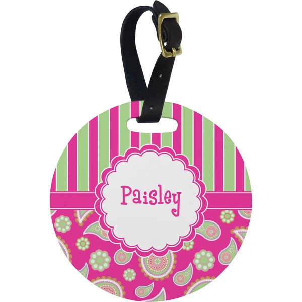 Custom Pink & Green Paisley and Stripes Plastic Luggage Tag - Round (Personalized)