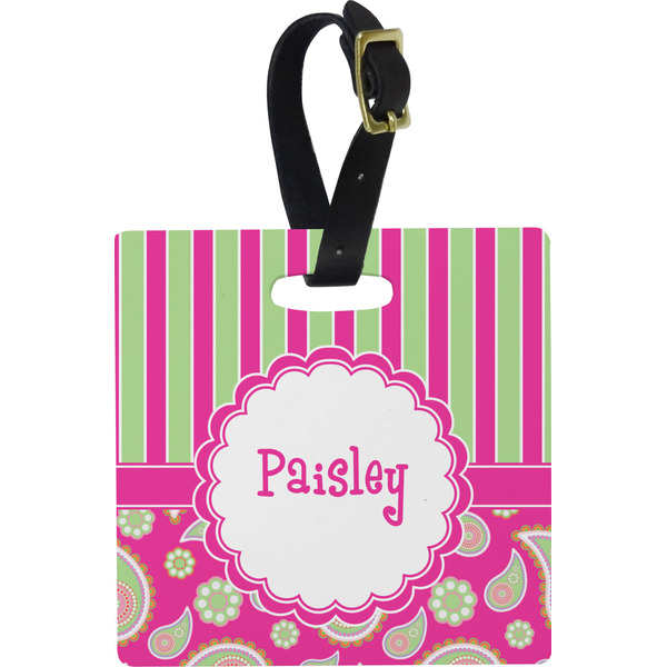 Custom Pink & Green Paisley and Stripes Plastic Luggage Tag - Square w/ Name or Text