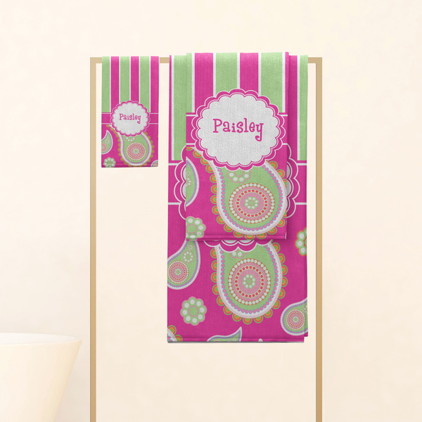 Pink & Green Paisley and Stripes Personalized Towel Set