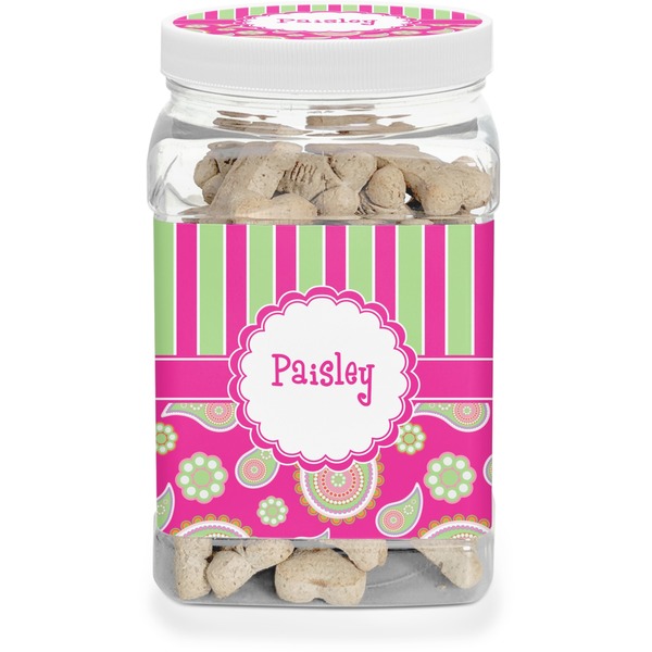Custom Pink & Green Paisley and Stripes Dog Treat Jar (Personalized)