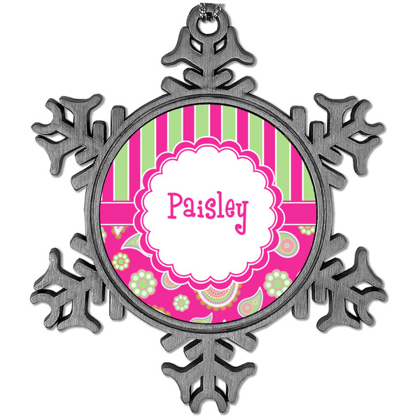 Custom Pink & Green Paisley and Stripes Vintage Snowflake Ornament (Personalized)