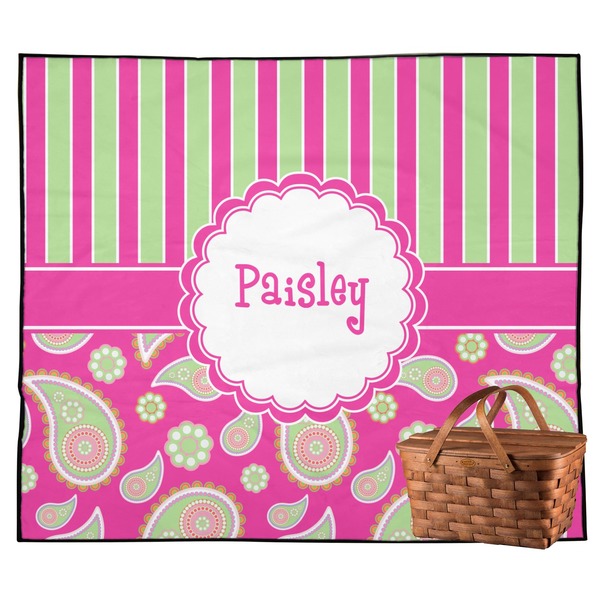Custom Pink & Green Paisley and Stripes Outdoor Picnic Blanket (Personalized)