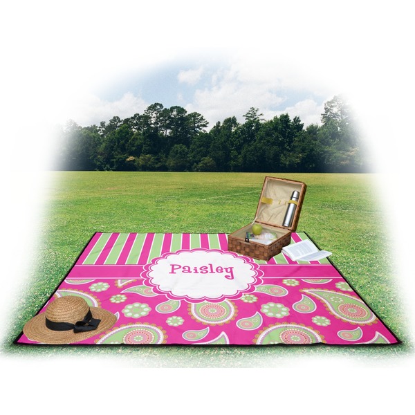 Pink & Green Paisley and Stripes Picnic Blanket - with Basket Hat and Book - in Use