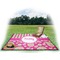 Pink & Green Paisley and Stripes Picnic Blanket - with Basket Hat and Book - in Use