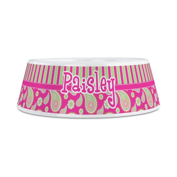 Pink & Green Paisley and Stripes Plastic Dog Bowls - Medium - FRONT