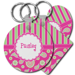 Pink & Green Paisley and Stripes Plastic Keychain (Personalized)