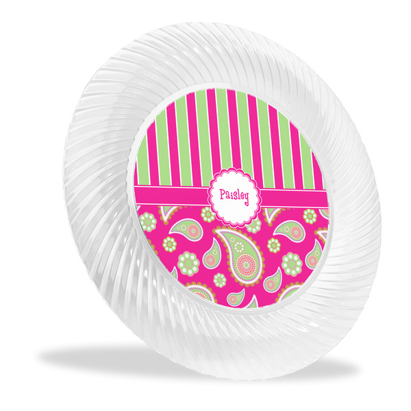 Custom Pink & Green Paisley and Stripes Plastic Party Dinner Plates - 10" (Personalized)
