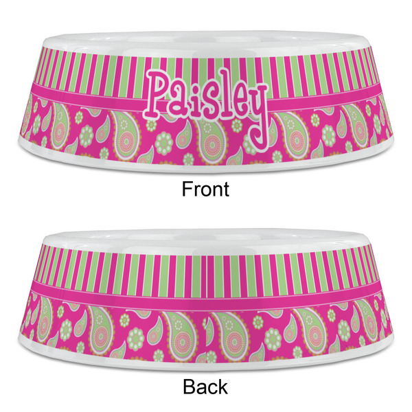 Pink & Green Paisley and Stripes Plastic Pet Bowls - Large - APPROVAL