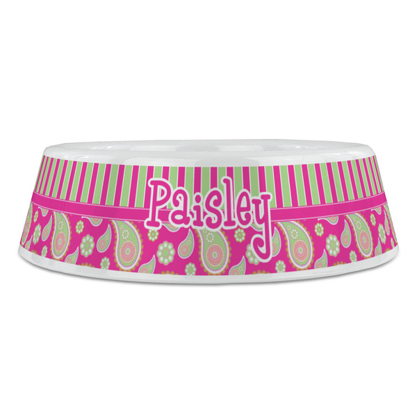 Pink & Green Paisley and Stripes Plastic Pet Bowls - Large - FRONT