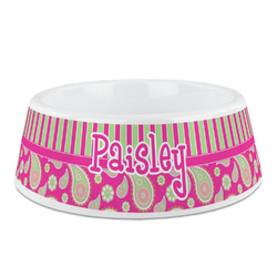 Pink & Green Paisley and Stripes Plastic Dog Bowl (Personalized)