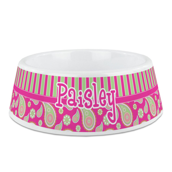 Custom Pink & Green Paisley and Stripes Plastic Dog Bowl - Medium (Personalized)