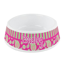 Pink & Green Paisley and Stripes Plastic Dog Bowl - Small (Personalized)