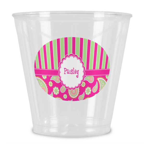 Custom Pink & Green Paisley and Stripes Plastic Shot Glass (Personalized)