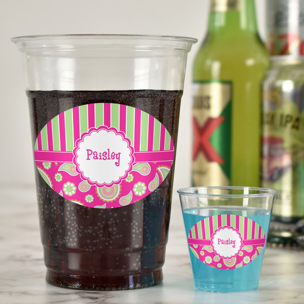 Pink & Green Paisley and Stripes Plastic Shot Glasses - In Context
