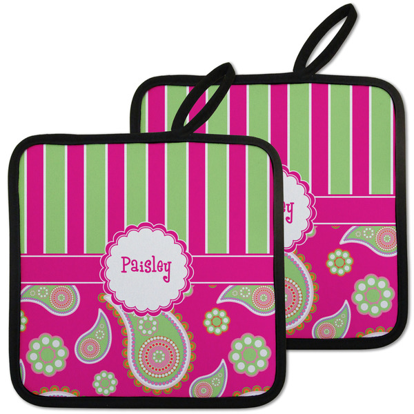 Custom Pink & Green Paisley and Stripes Pot Holders - Set of 2 w/ Name or Text