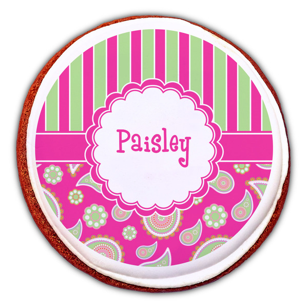 Pink & Green Paisley and Stripes Printed Icing Circle - Large - On Cookie
