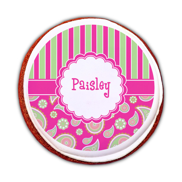 Pink & Green Paisley and Stripes Printed Icing Circle - Medium - On Cookie
