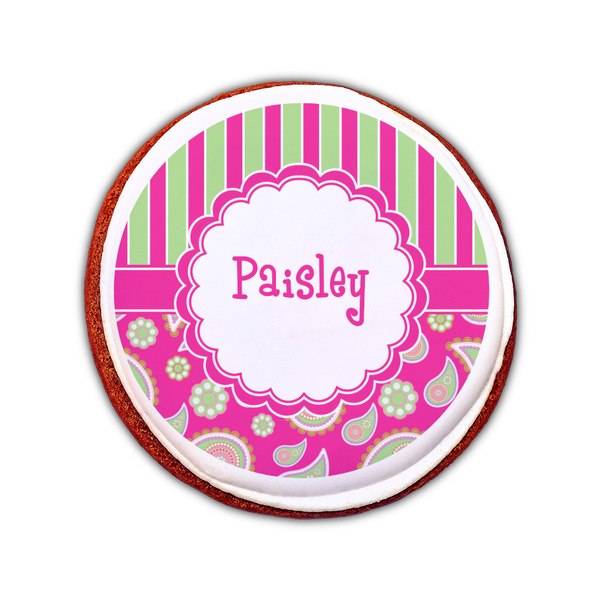 Pink & Green Paisley and Stripes Printed Icing Circle - Small - On Cookie