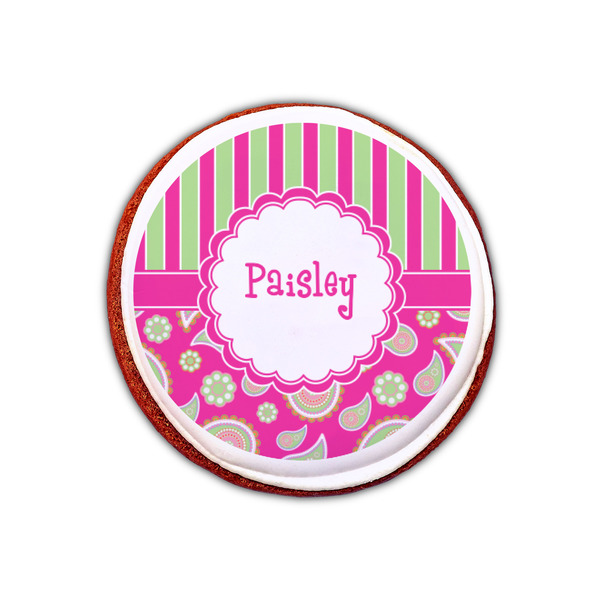 Pink & Green Paisley and Stripes Printed Icing Circle - XSmall - On Cookie