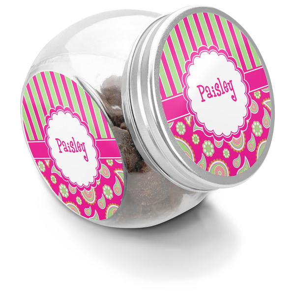 Custom Pink & Green Paisley and Stripes Puppy Treat Jar (Personalized)