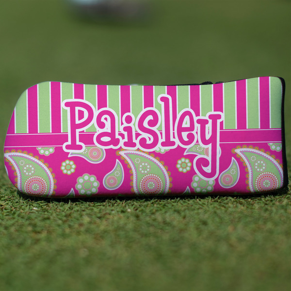 Pink & Green Paisley and Stripes Putter Cover - Front