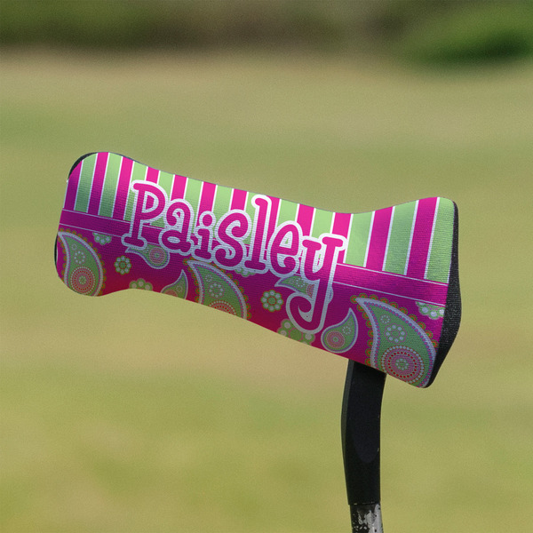 Pink & Green Paisley and Stripes Putter Cover - On Putter