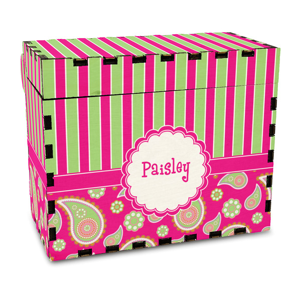 Custom Pink & Green Paisley and Stripes Wood Recipe Box - Full Color Print (Personalized)